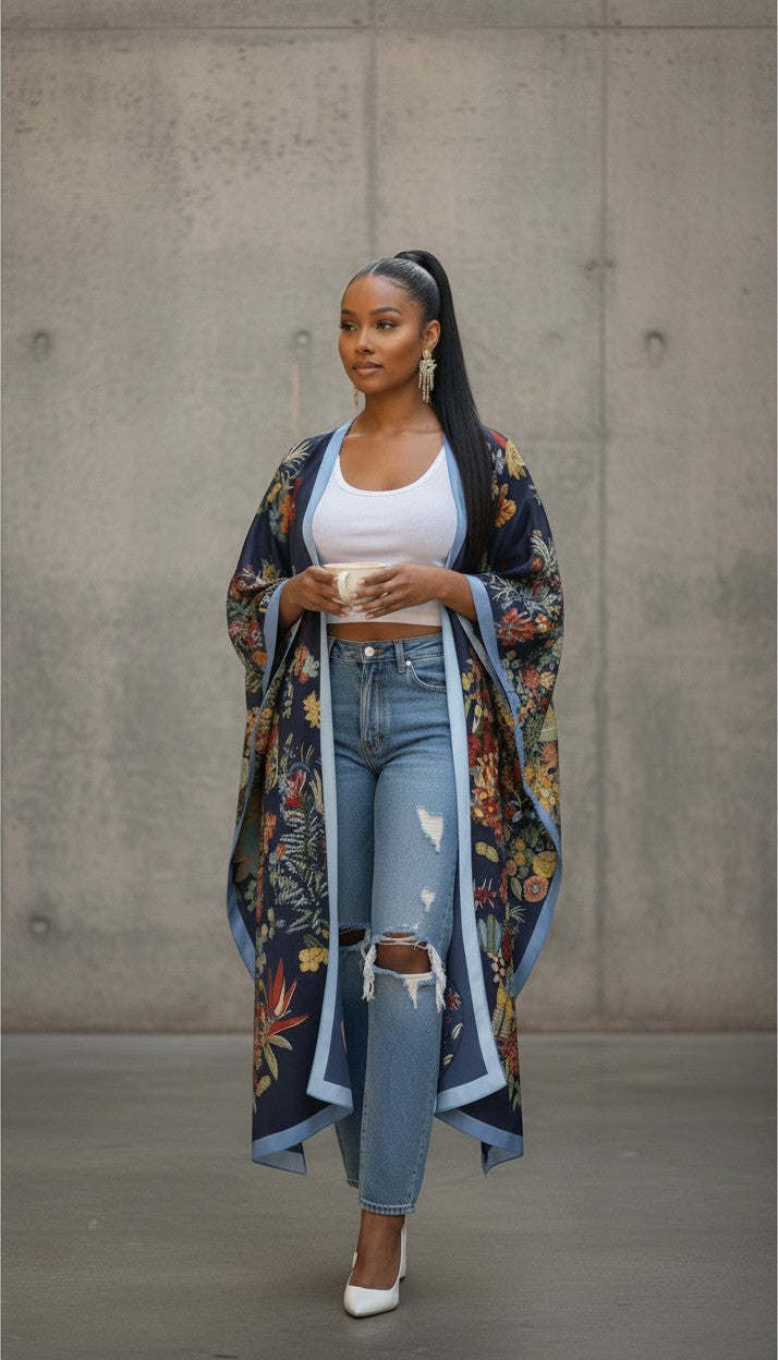 Hush Boutique floral print kimono worn over a white tank top and distressed blue jeans by a model