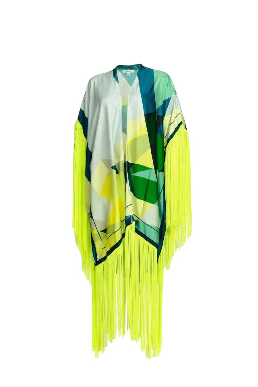 Hush Boutique Vacay in Capri open front kimono with geometric print and neon yellow fringe trim