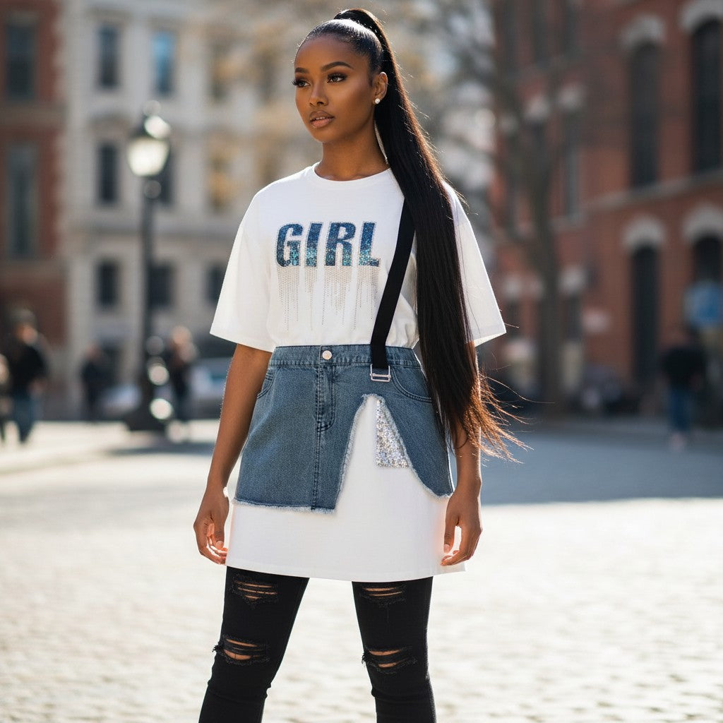 Hush Boutique white t-shirt tunic with blue sequin "GIRL" graphic and distressed denim skirt overlay. One size fits all.