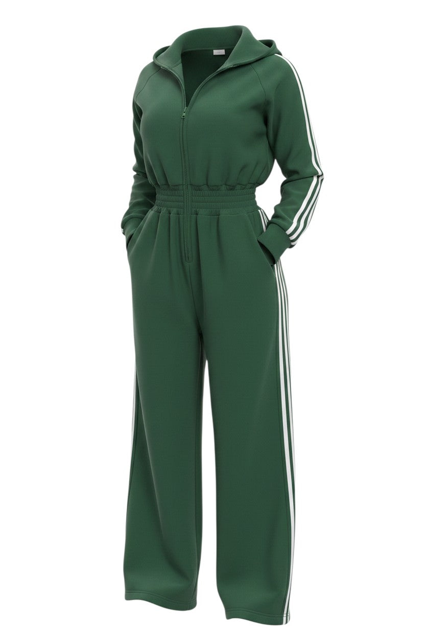 Hush Boutique green hooded jumpsuit with front zipper, pockets, wide legs, and white stripe detail on sleeves and legs.