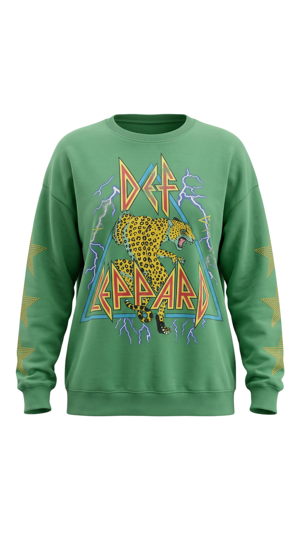 Hush Boutique oversized green sweatshirt with vintage leopard graphic, lightning print, and gold rhinestone stars.