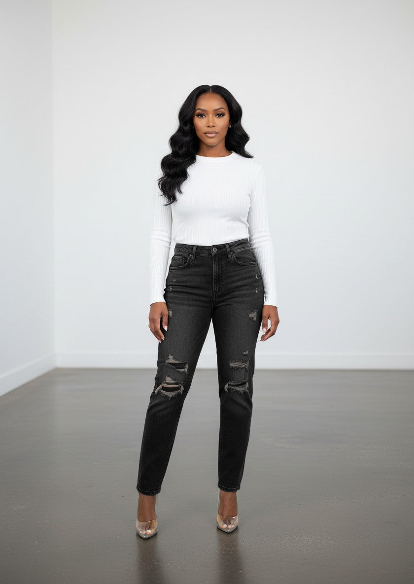 Hush Boutique grey distressed cotton-spandex jeans with invisible pockets and ripped detailing.