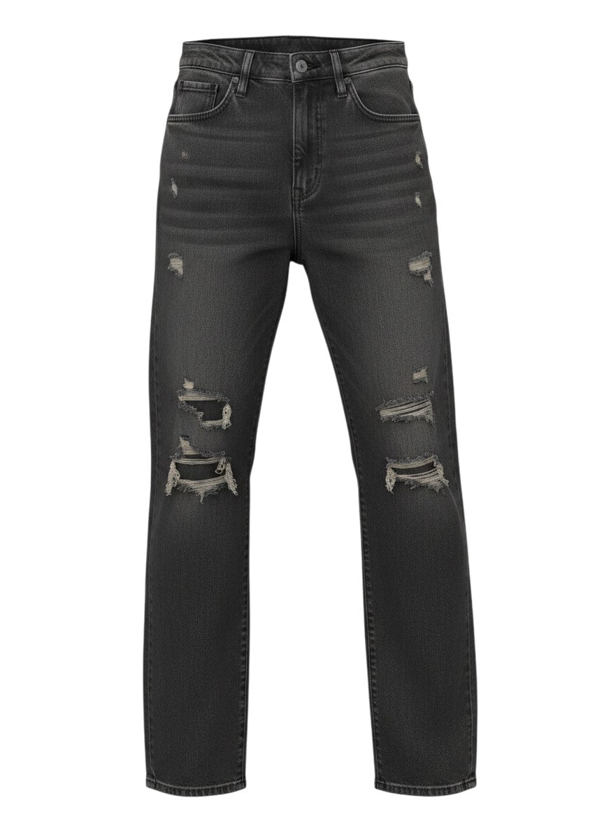 Hush Boutique grey distressed cotton-spandex blend jeans with invisible pockets and a straight leg fit.