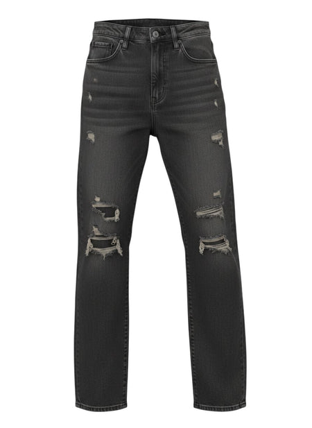 Hush Boutique grey distressed cotton-spandex blend jeans with invisible pockets and a straight leg fit.