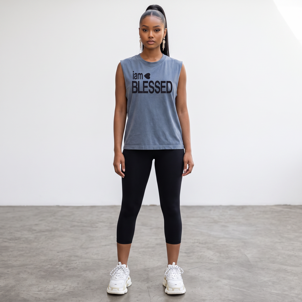 Hush Boutique grey dyed muscle t-shirt with I AM BLESSED graphic worn by a model with black leggings and sneakers