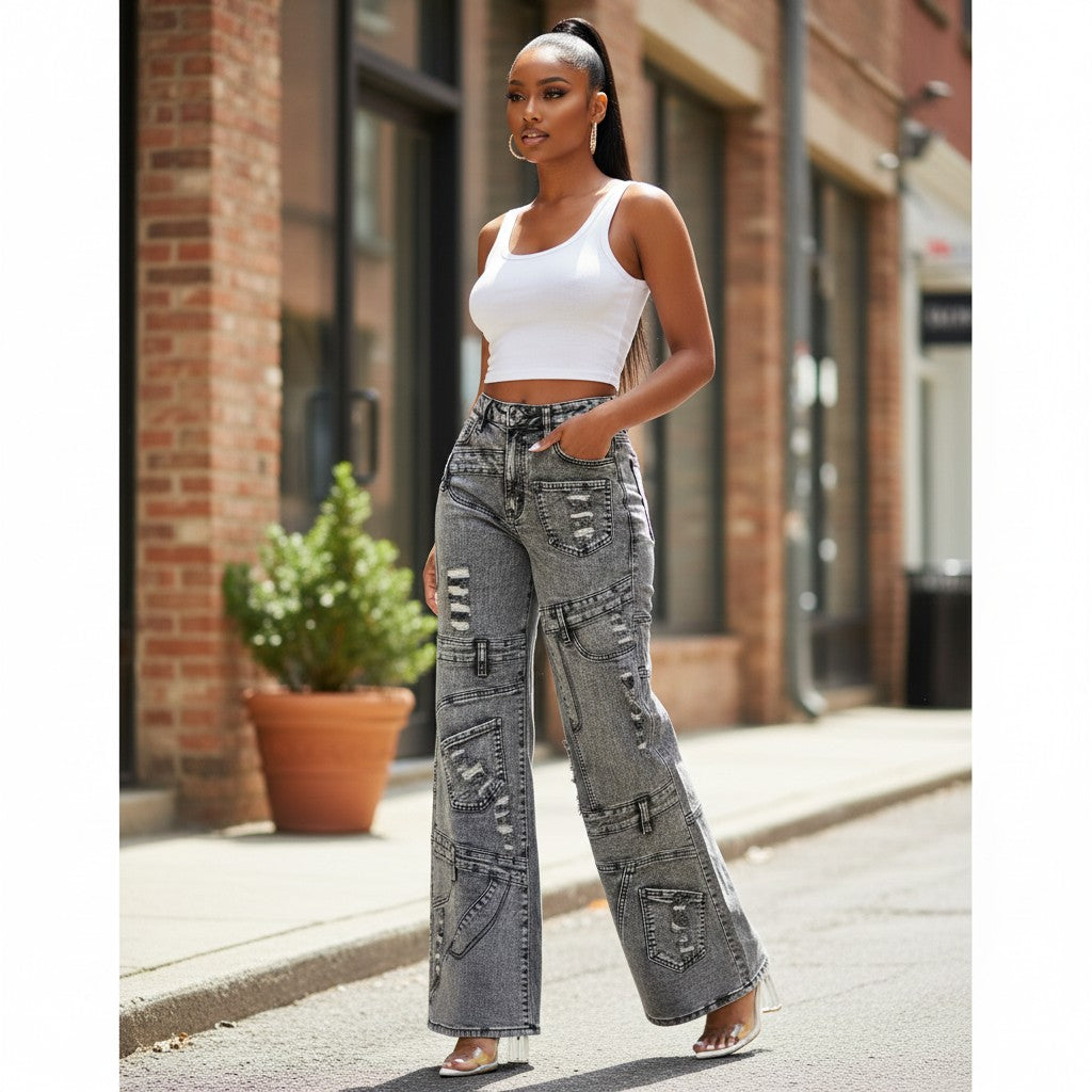 Hush Boutique grey denim patchwork cargo jeans with distressed details and multiple pockets.