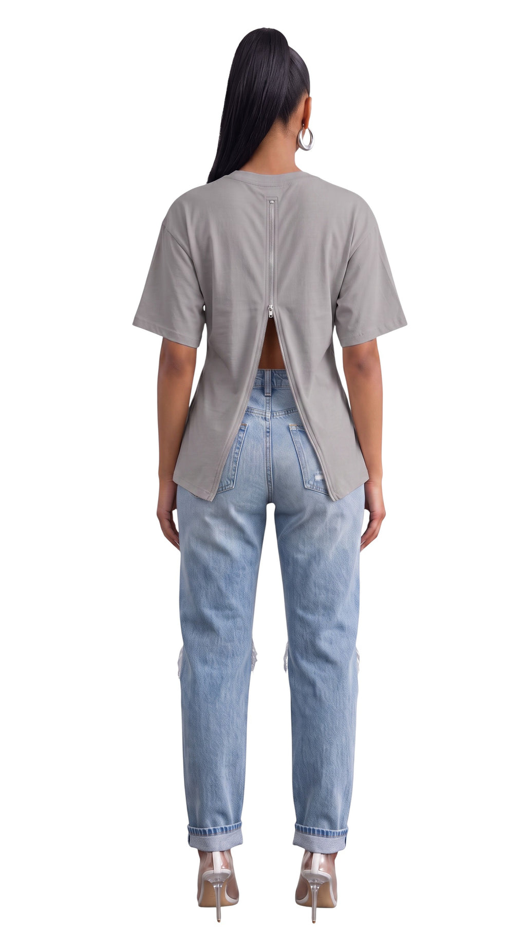 Hush Boutique grey cotton t-shirt with a full-length back zipper detail worn with light wash distressed jeans
