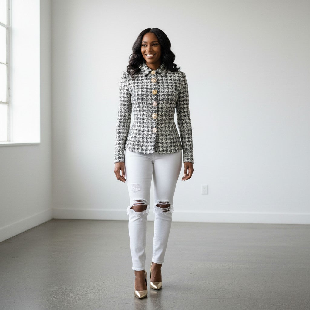 Hush Boutique black and white houndstooth tweed blazer with statement buttons and a fitted silhouette.
