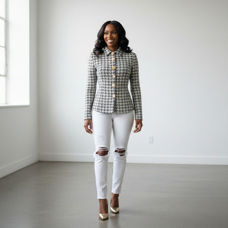 Hush Boutique black and white houndstooth tweed blazer with statement buttons and a fitted silhouette.
