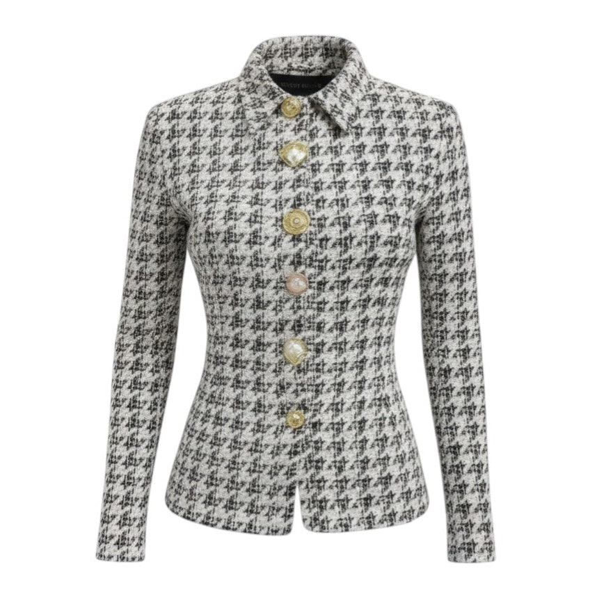 Hush Boutique black and white houndstooth tweed shirt jacket with charm buttons and a fitted waist.