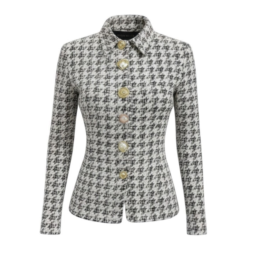 Hush Boutique black and white houndstooth tweed shirt jacket with charm buttons and a fitted waist.
