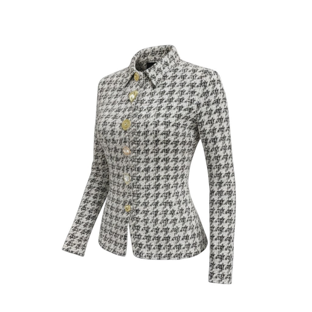 Hush Boutique black and white houndstooth tweed shirt with heart and gem buttons. Fitted, long sleeves, classic collar.