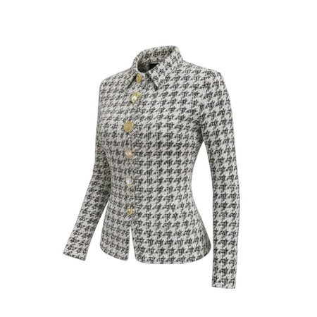Hush Boutique black and white houndstooth tweed shirt with heart and gem buttons. Fitted, long sleeves, classic collar.