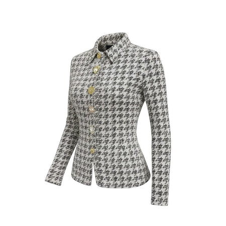 Hush Boutique black and white houndstooth tweed shirt with heart and gem buttons. Fitted, long sleeves, classic collar.