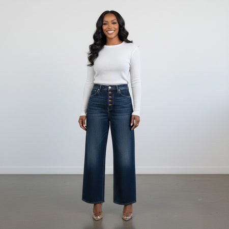 Hush Boutique IRIS Fancy Dark Denim Barrel Jeans with button fly and wide leg. Super stretchy.