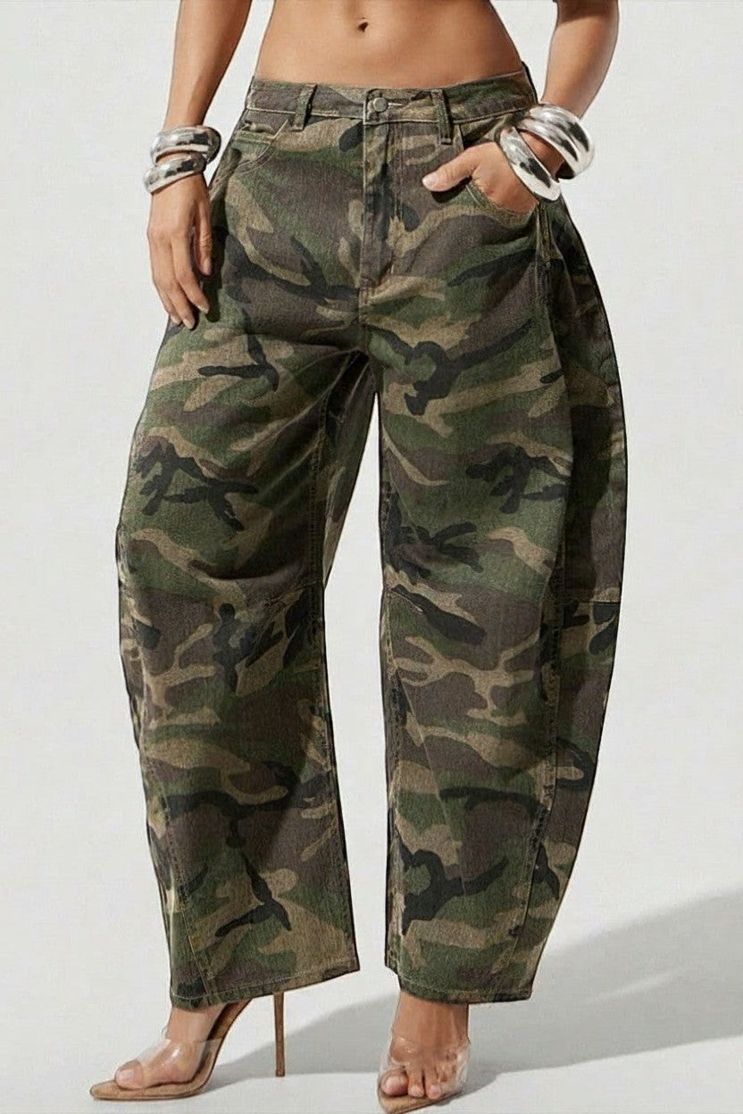 Hush Boutique Jasmine Camo Print Wide Barrel Baggy Jeans in green and brown camouflage pattern.