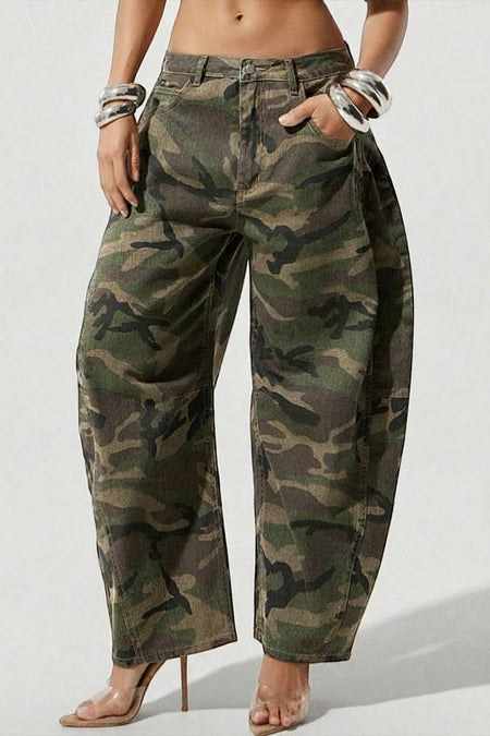 Hush Boutique Jasmine Camo Print Wide Barrel Baggy Jeans in green and brown camouflage pattern.
