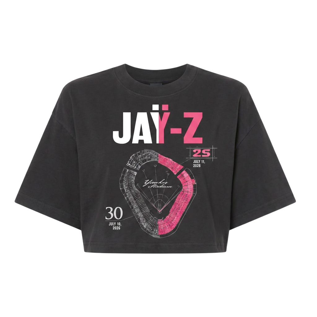 Hush Boutique vintage washed black cropped t-shirt featuring JAY-Z Yankees stadium graphic in pink and white