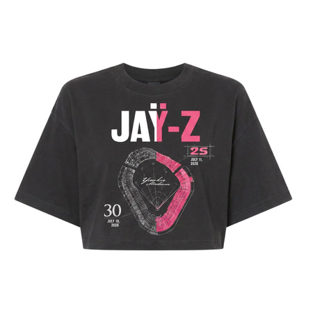 Hush Boutique vintage washed black cropped t-shirt featuring JAY-Z Yankees stadium graphic in pink and white