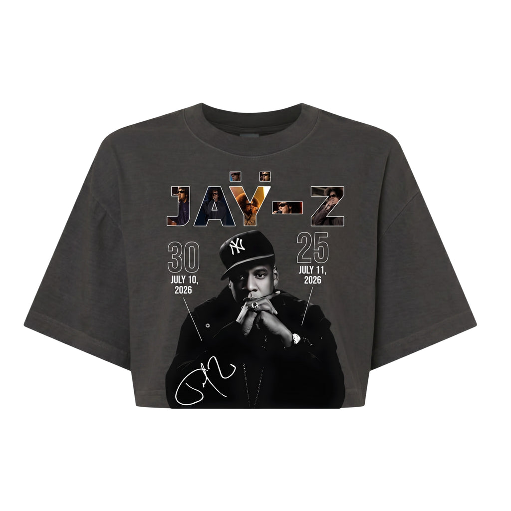Hush Boutique vintage washed charcoal grey cropped t-shirt featuring a Jay-Z graphic print and anniversary text.