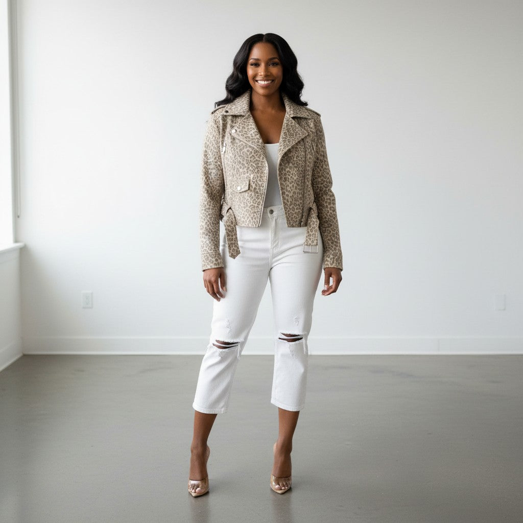 Hush Boutique leopard print suede biker jacket with long sleeves, zipper, and buckle belt.