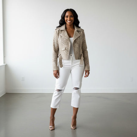 Hush Boutique leopard print suede biker jacket with long sleeves, zipper, and buckle belt.