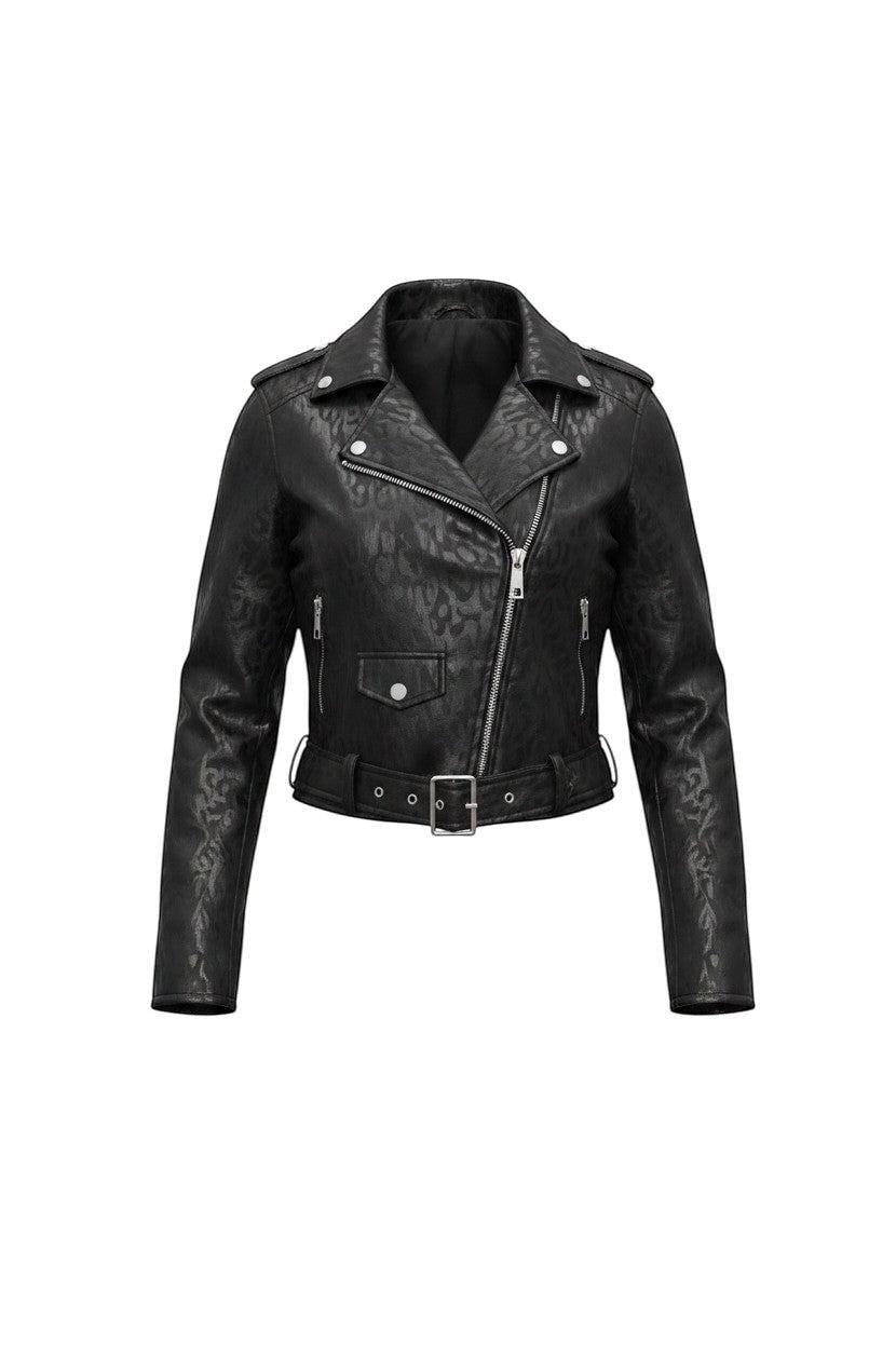 Hush Boutique black leopard print suede biker jacket with zipper and buckle detail.