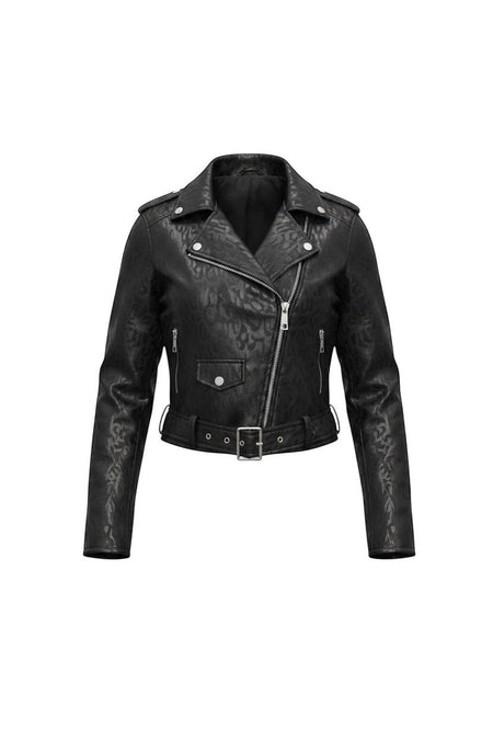 Hush Boutique black leopard print suede biker jacket with zipper and buckle detail.