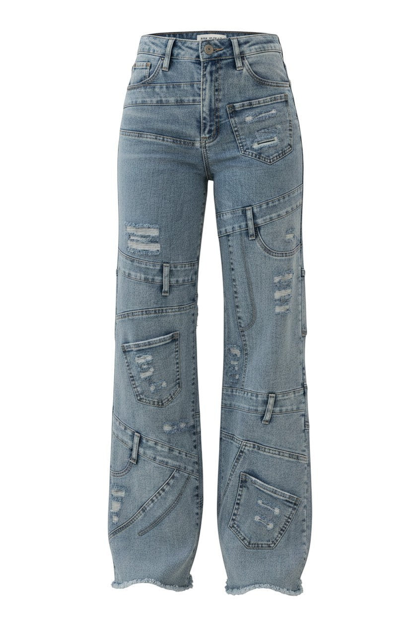 Hush Boutique Lotus Blue Denim Jeans with invisible pocket cargo details and distressed accents. Made of 98% Cotton, 2% Spandex.