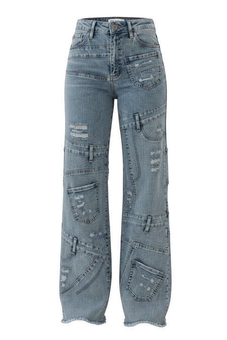 Hush Boutique Lotus Blue Denim Jeans with invisible pocket cargo details and distressed accents. Made of 98% Cotton, 2% Spandex.