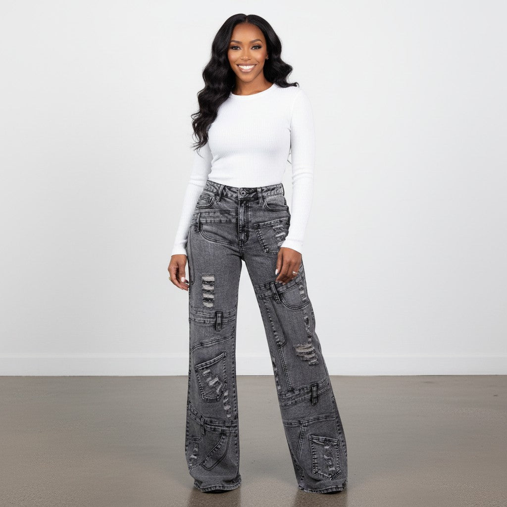 Hush Boutique Lotus Grey Denim Jeans with distressed details and multiple pockets.