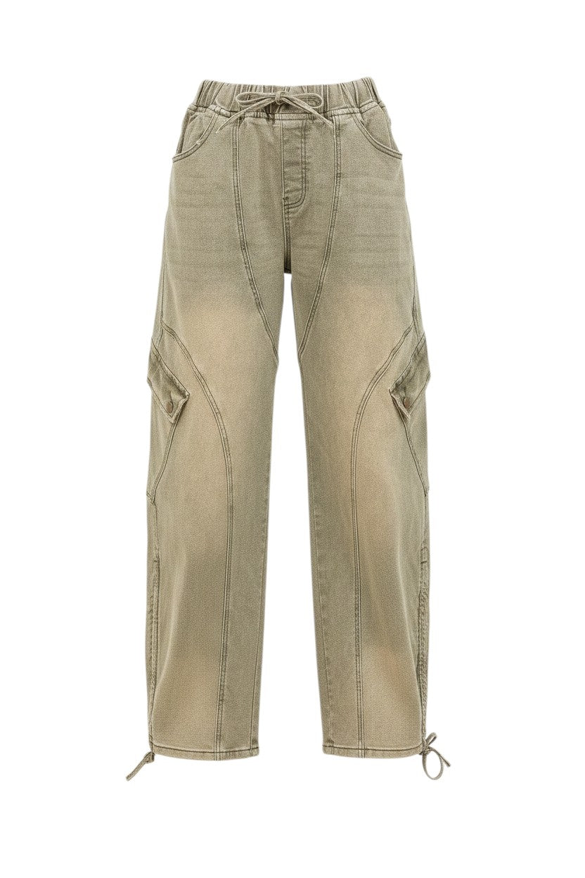 Hush Boutique overdyed vintage barrel fit cargo jeans with elastic waist and drawstring in a faded olive green.