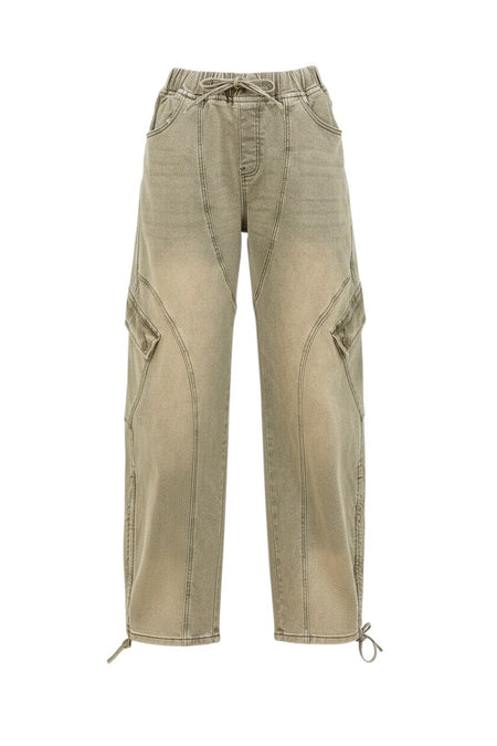 Hush Boutique overdyed vintage barrel fit cargo jeans with elastic waist and drawstring in a faded olive green.