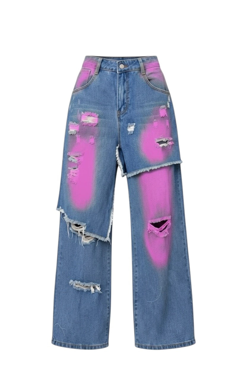 Hush Boutique painted double-waisted wide-leg jeans with distressed details and yellow spray paint accents.