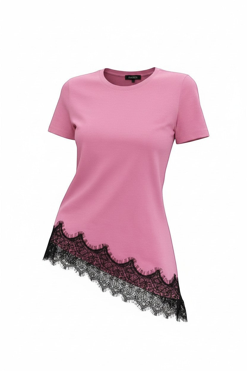 Hush Boutique pink cotton t-shirt with a crew neck and an asymmetrical black lace trim hem.