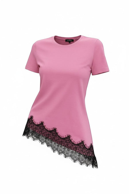 Hush Boutique pink cotton t-shirt with a crew neck and an asymmetrical black lace trim hem.