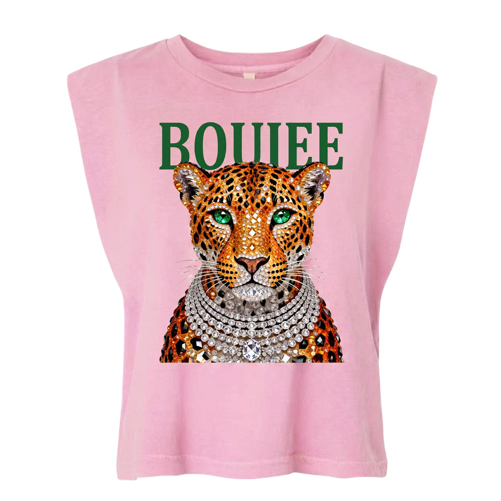 Hush Boutique pink garment-dyed cotton muscle shirt featuring a jeweled leopard graphic and Bougie text print