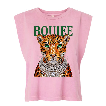 Hush Boutique pink garment-dyed cotton muscle shirt featuring a jeweled leopard graphic and Bougie text print