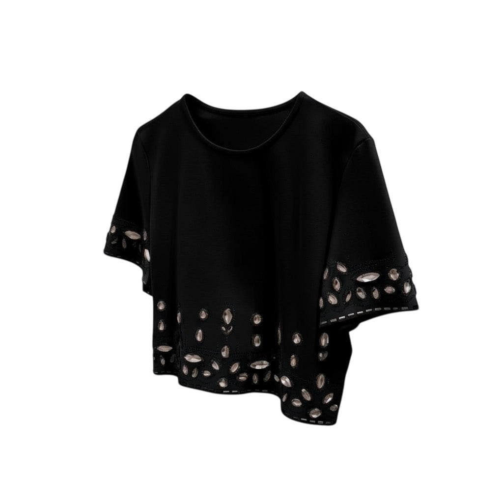 Hush Boutique pink crop shirt with peach rhinestones on sleeves and hem, short sleeves, crew neck.