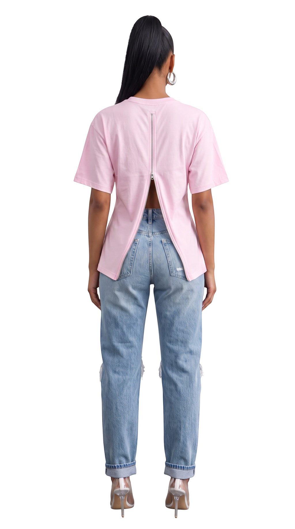 Hush Boutique pink cotton t-shirt with a full-length functional back zipper worn with distressed blue jeans