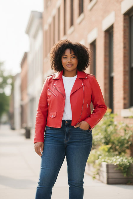 Hush Boutique plus size red faux leather moto jacket with zipper details and snap pockets.