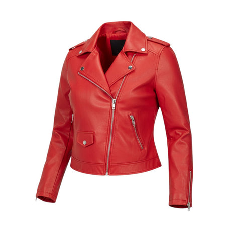Hush Boutique plus size red faux leather moto jacket with silver zippers and snap pockets.
