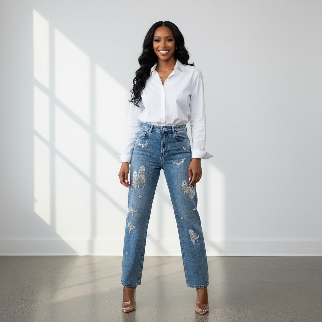Hush Boutique vintage-wash blue denim jeans with scattered rhinestone and brooch embellishments in celestial and abstract shapes.