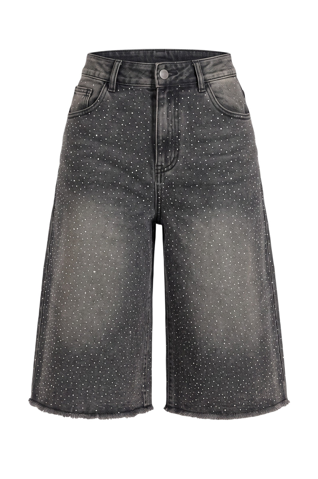 Hush Boutique vintage-wash black denim jorts featuring scattered rhinestone embellishments and a raw frayed hem.