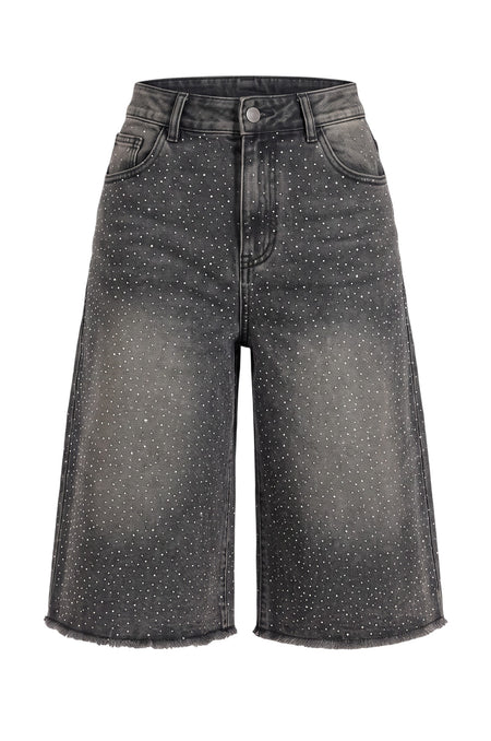 Hush Boutique vintage-wash black denim jorts featuring scattered rhinestone embellishments and a raw frayed hem.