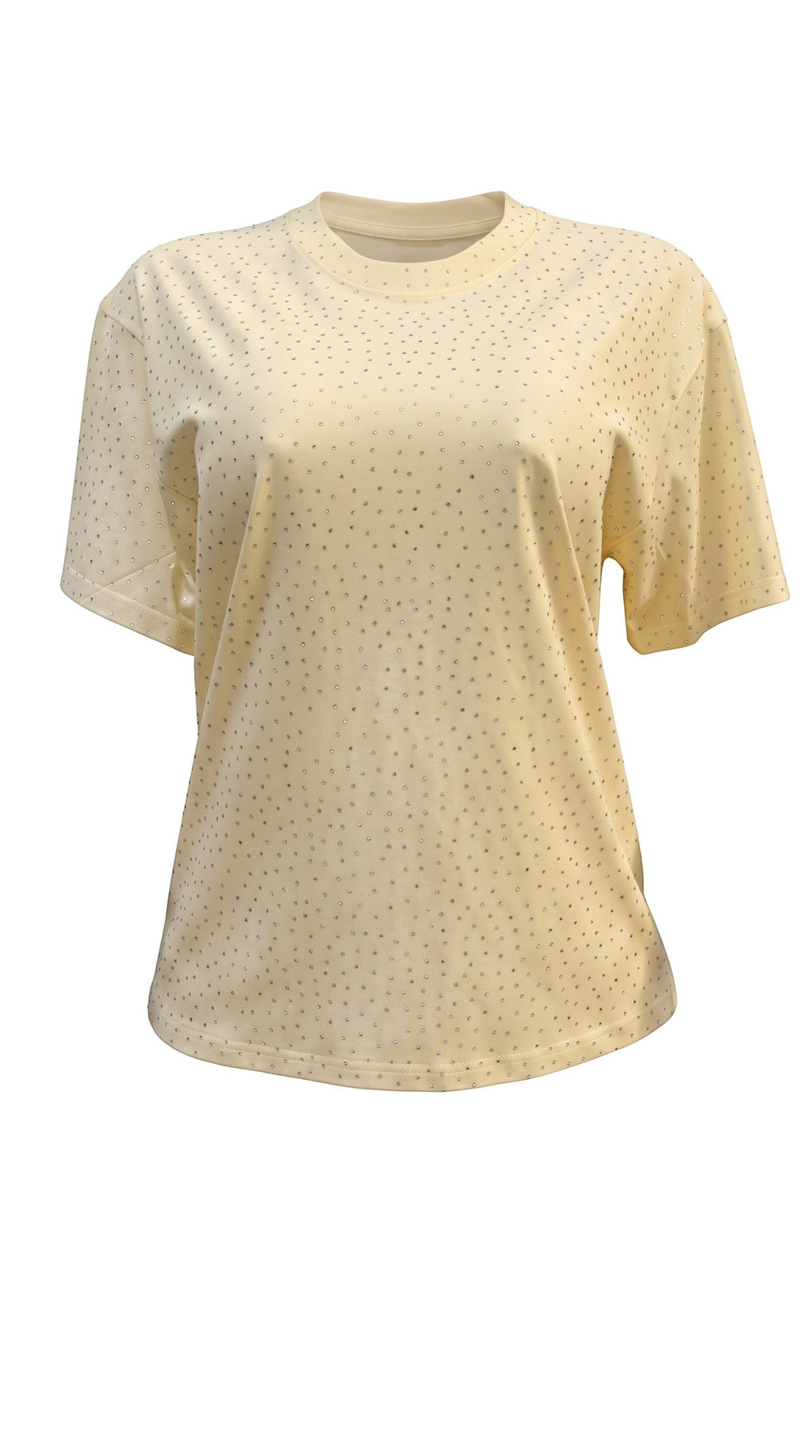 Hush Boutique cream oversized t-shirt featuring all-over rhinestone studded detailing and a classic crew neckline.