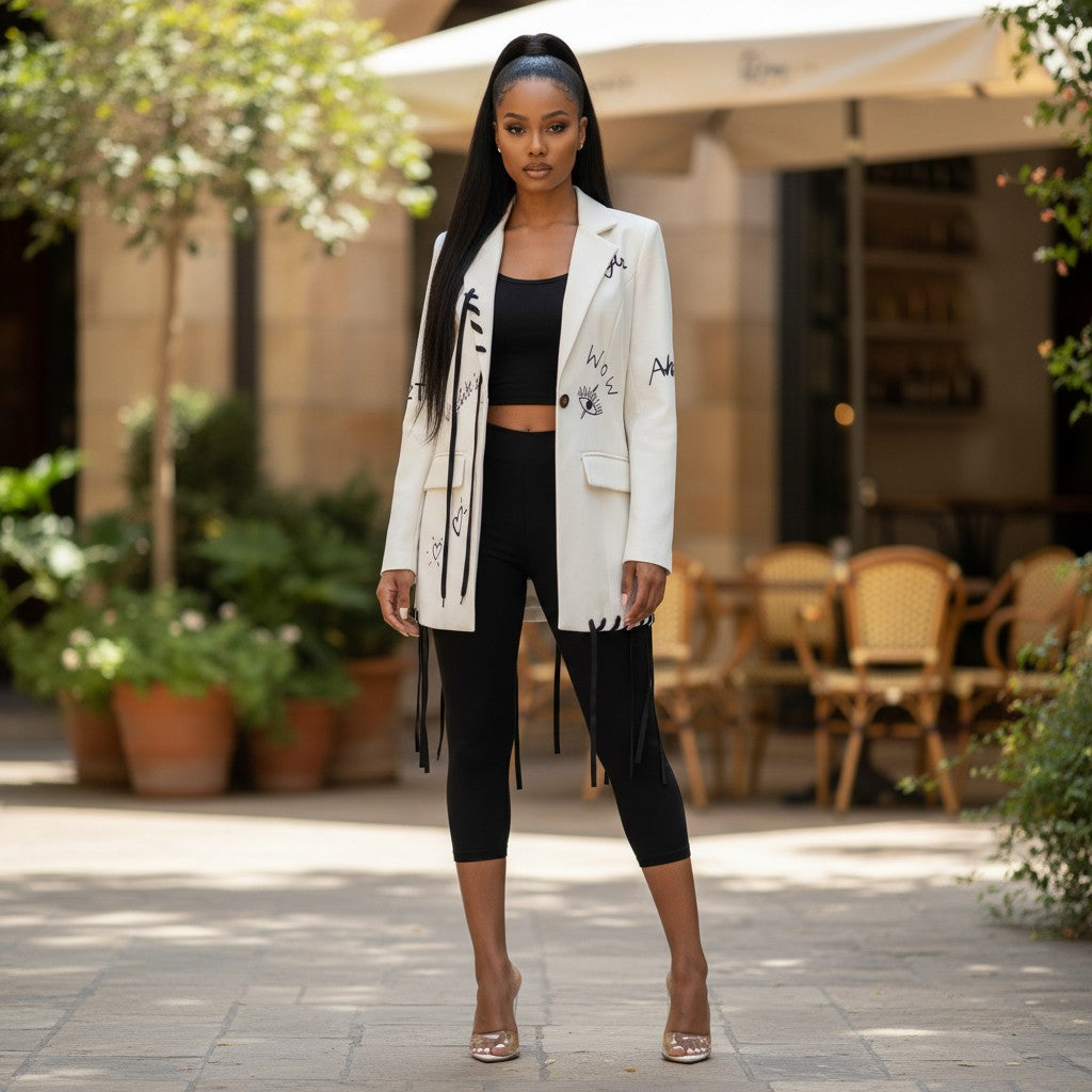 Hush Boutique Roped Up Blazer in cream with black graphic print and lace-up detail.