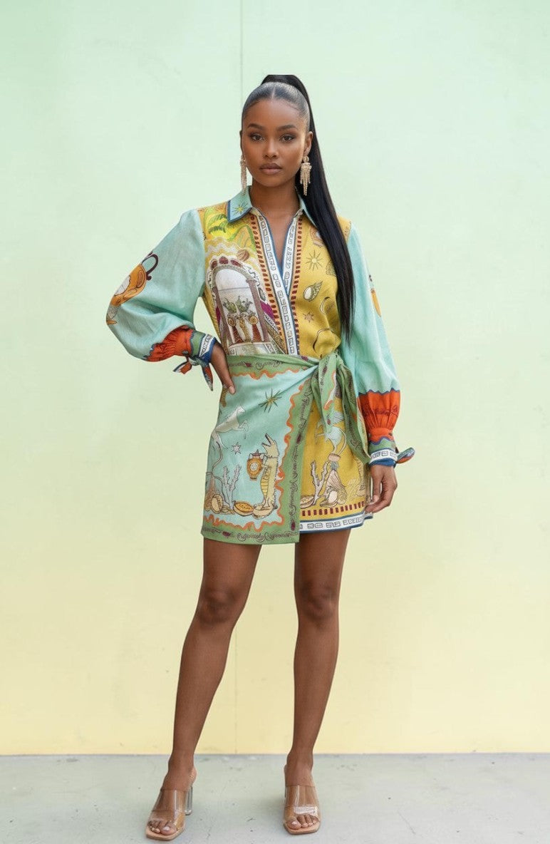 Hush Boutique Santorini Stroll linen blend mini dress with vibrant Mediterranean print and belted waist