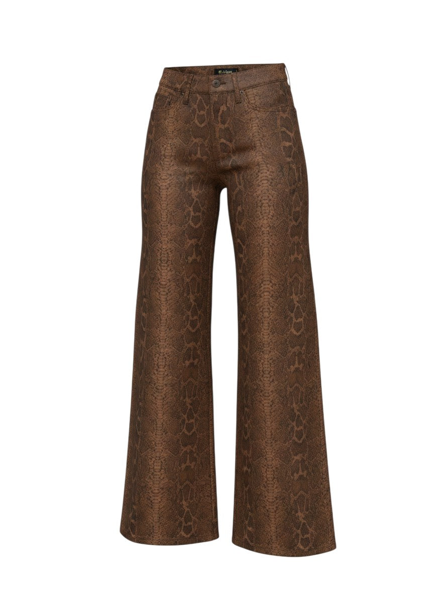 Hush Boutique brown snakeskin faux leather wide leg jeans with invisible pockets. 98% Cotton, 2% Spandex.