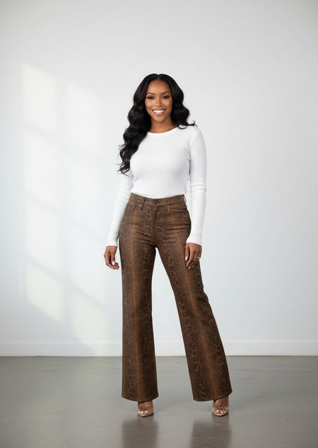 Hush Boutique brown snakeskin faux leather wide-leg jeans with invisible pockets. 98% Cotton, 2% Spandex.